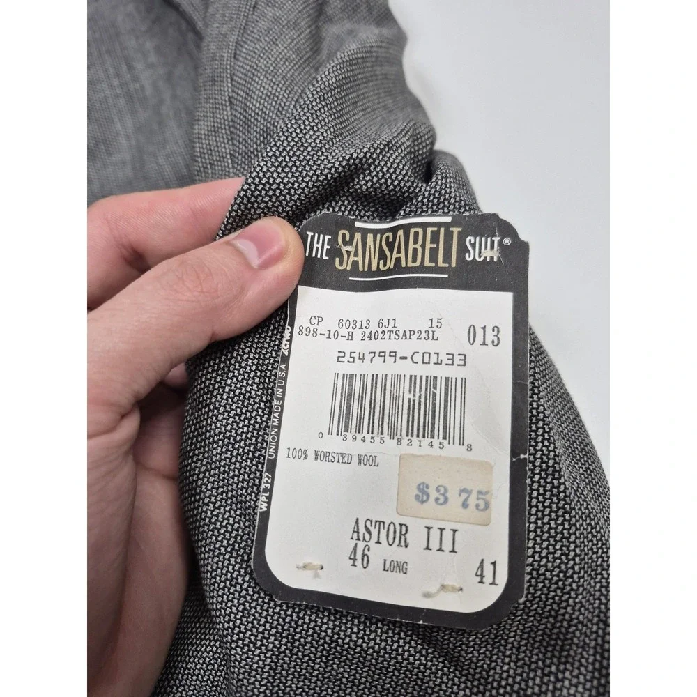 VTG Sansabelt Suit Mens 46 Long Gray Wool Check 2 Piece 41x36 Made in USA NWT